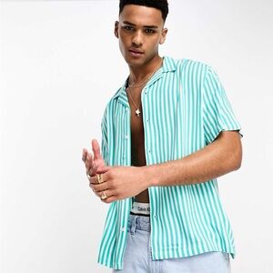 ASOS DESIGN relaxed revere shirt in turquoise summer stripe